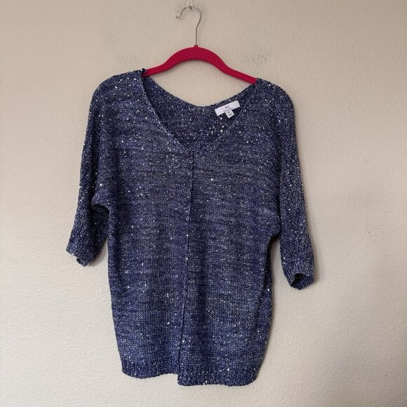 H Halston Silver Blue Sparkly Sequin Pull On V Neck Knit Sweater Size Medium - Picture 8 of 8